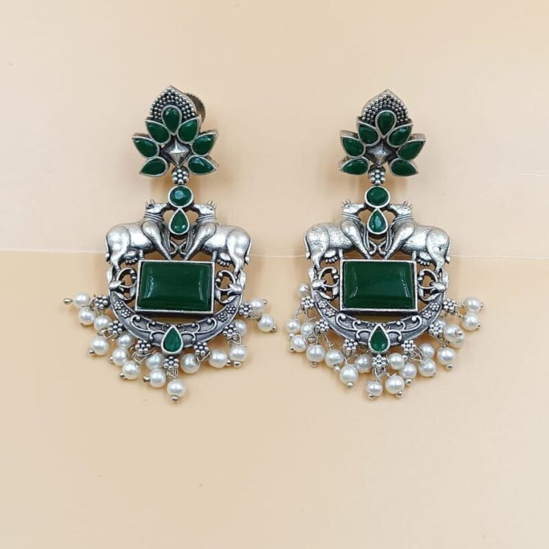 Green Monalisa Fancy Stone Jhumki Earrings – 6cm Brass - Image 5