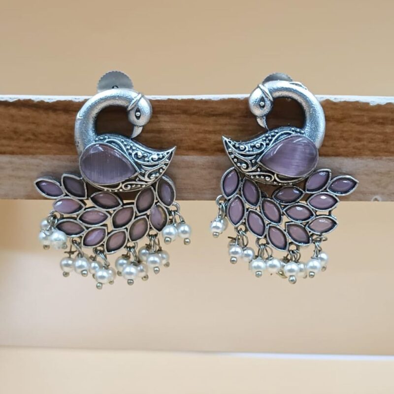 Pink Monalisa Stone Brass Jhumki Earrings – 4cm Elegance - Image 2