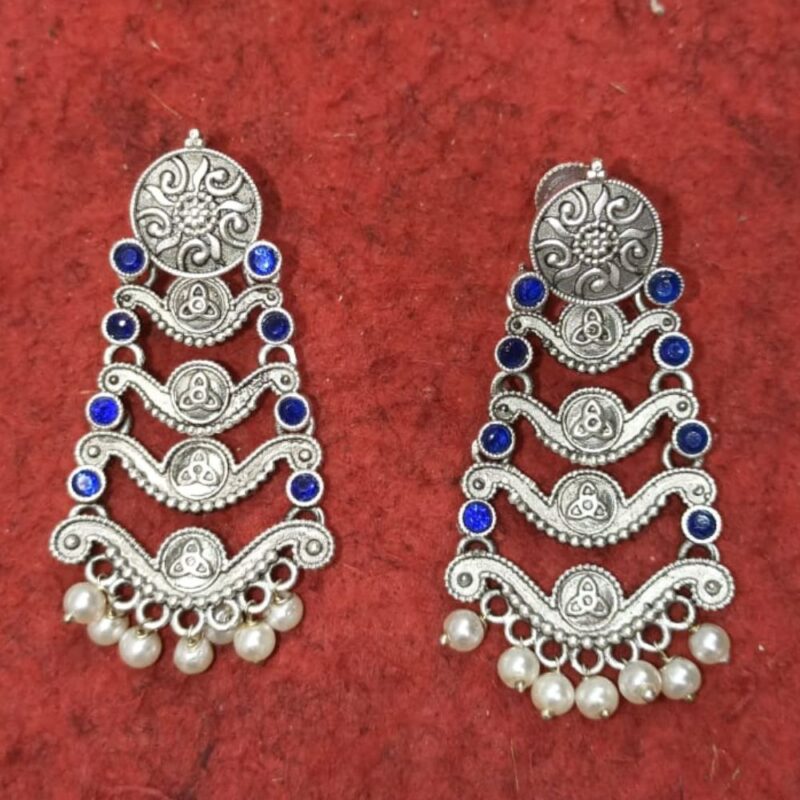 Antique Silver Fancy Stone Jhumki Earrings – 6cm Brass