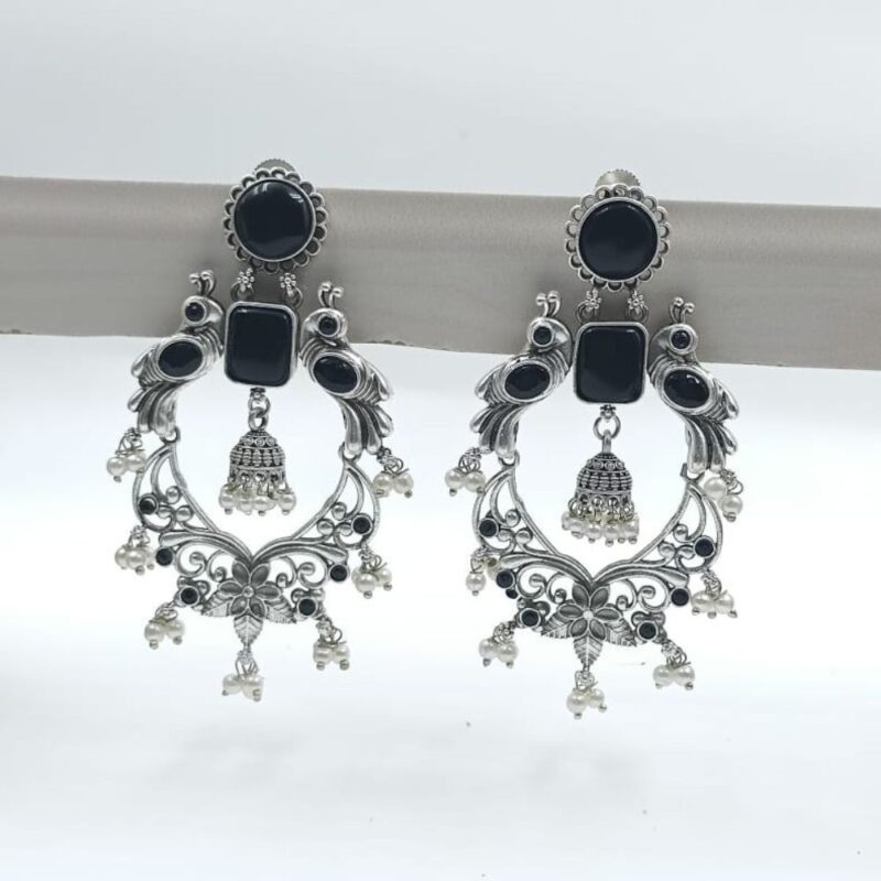 Black Monalisa Stone Jhumki Earrings – Timeless Elegance in 8cm - Image 2