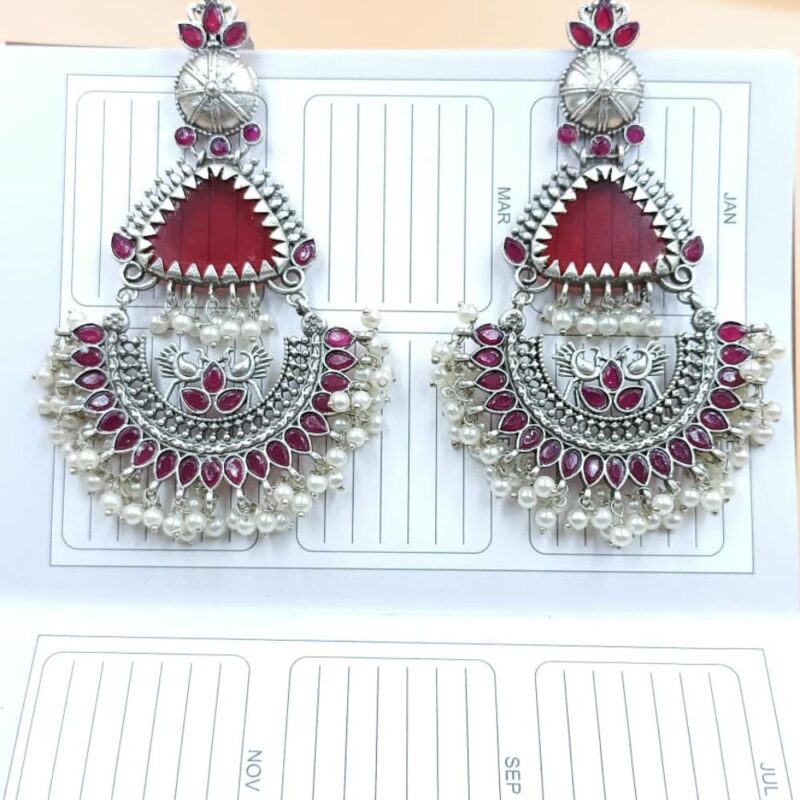 Red Monalisa Fancy Stone Jhumki Earrings – 9cm Brass - Image 3