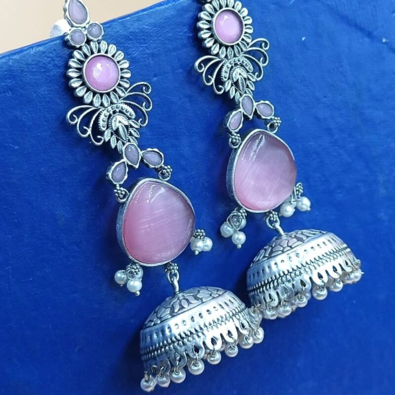Pink Monalisa Fancy Stone Jhumki Earrings – 10cm Brass