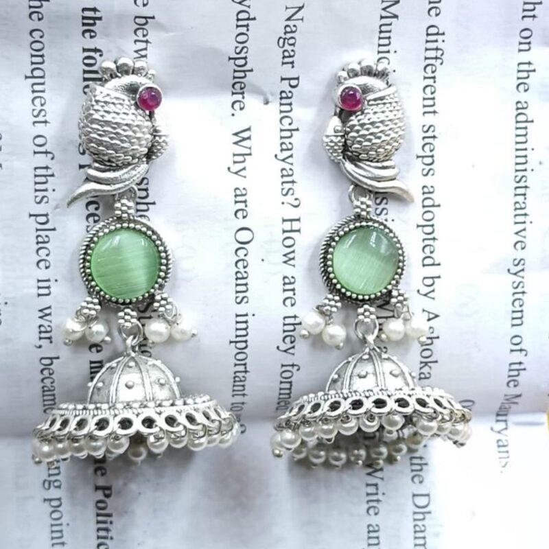 Parrot Color Monalisa Fancy Stone Jhumki Earrings – 6cm Brass - Image 2