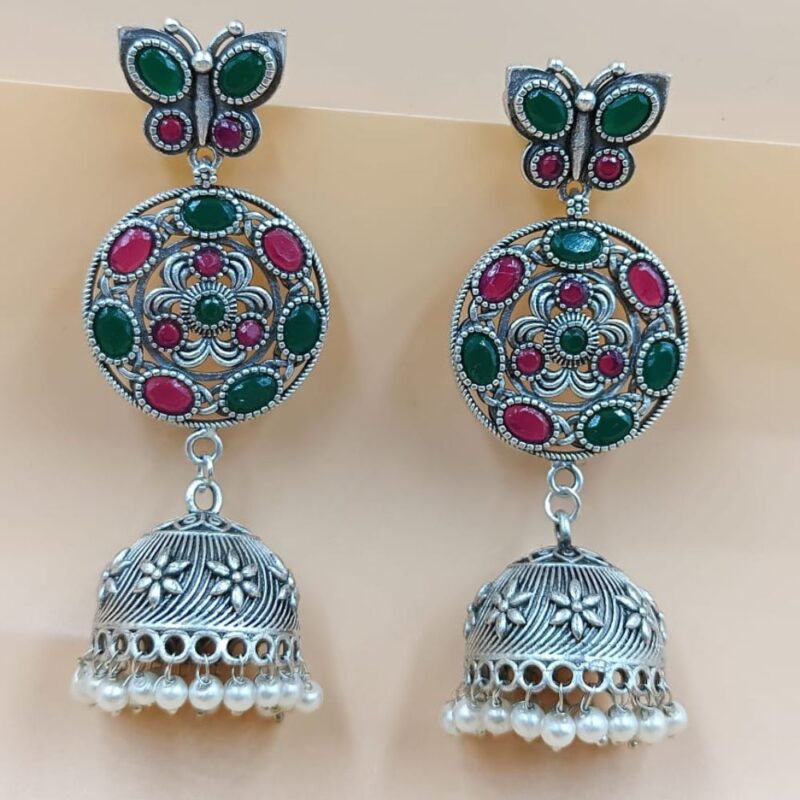 Ferozi Monalisa Fancy Stone Jhumki Earrings – 8cm Brass