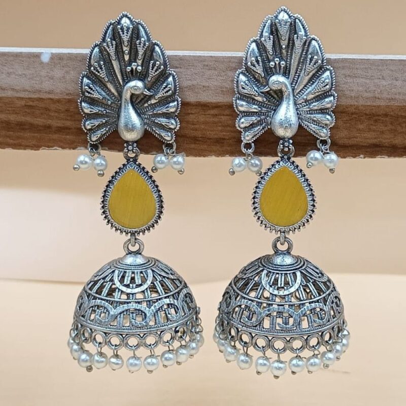Yellow Monalisa Fancy Stone Jhumki Earrings – 7cm Brass