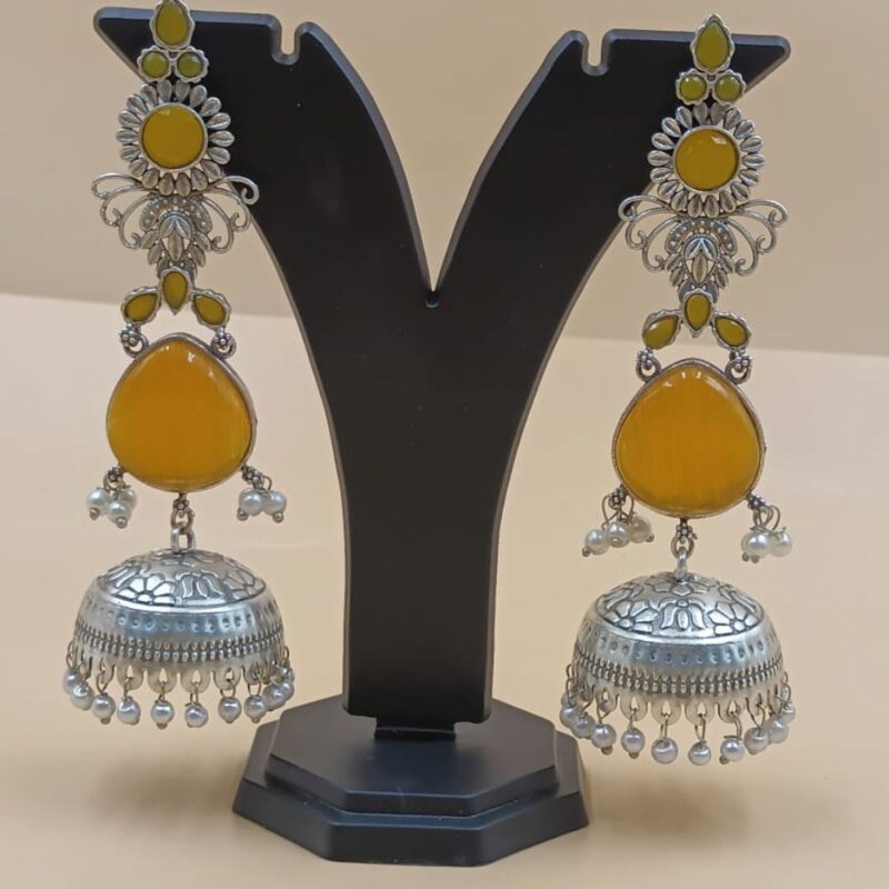 Yellow Monalisa Fancy Stone Jhumki Earrings - Image 2