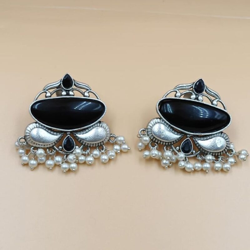 Black Monalisa Fancy Stone Jhumki Earrings – 4cm Brass