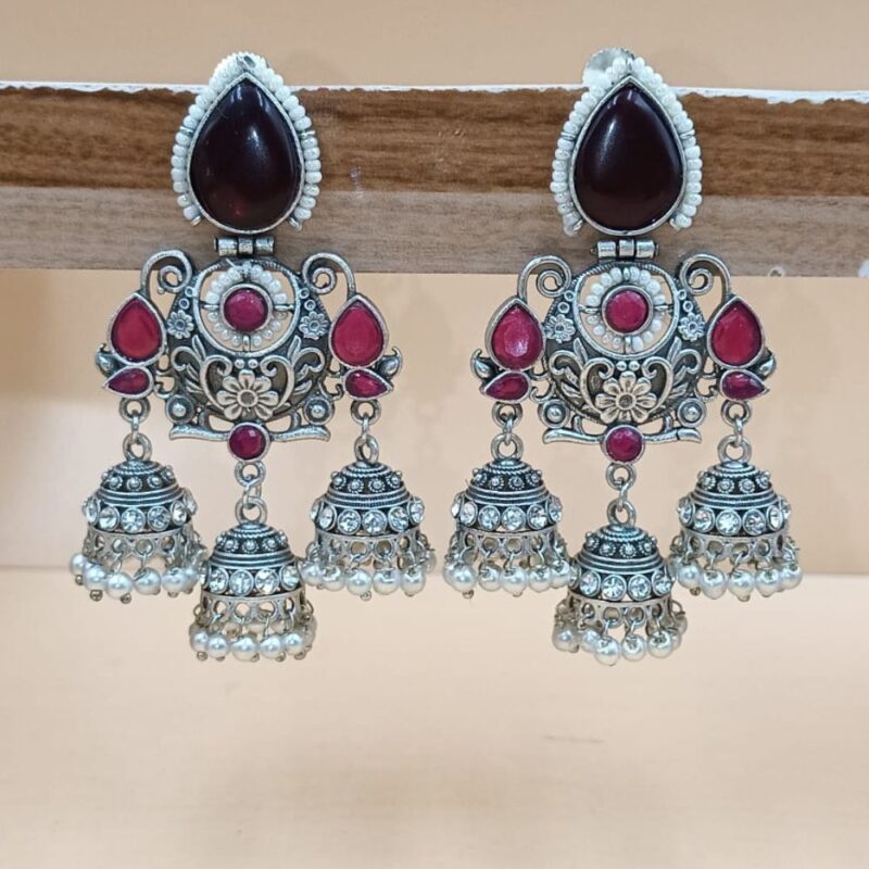 Maroon Monalisa Fancy Stone Jhumki Earrings – 7cm Brass - Image 3