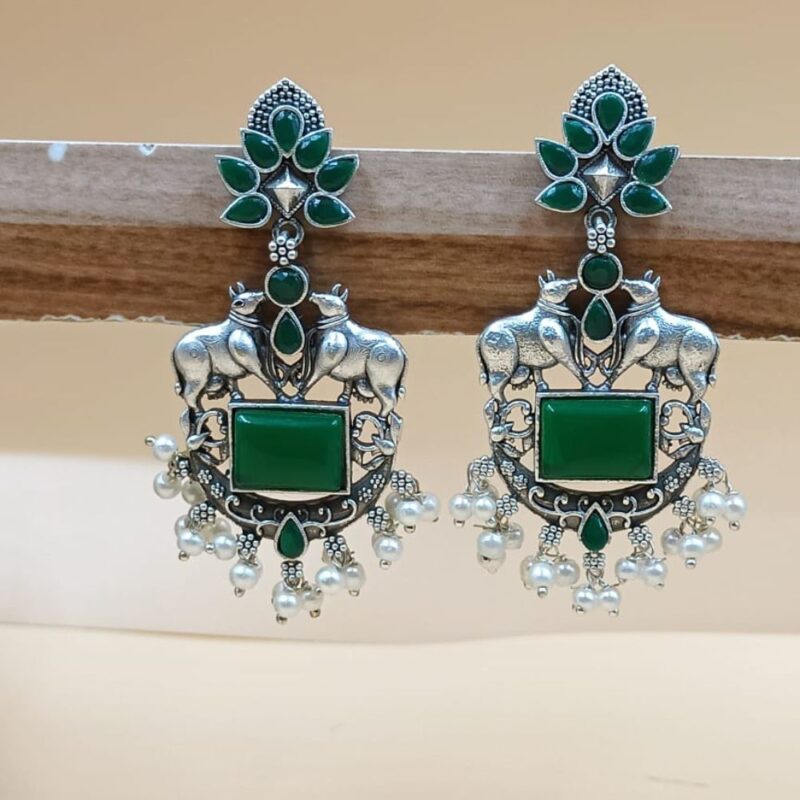 Green Monalisa Fancy Stone Jhumki Earrings – 6cm Brass - Image 4