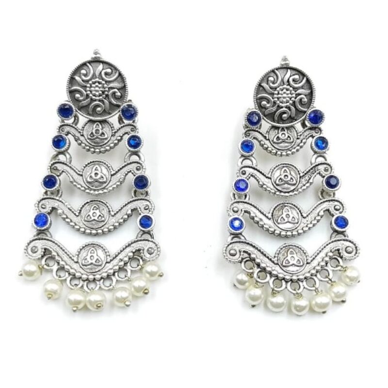 Antique Silver Fancy Stone Jhumki Earrings – 6cm Brass - Image 2