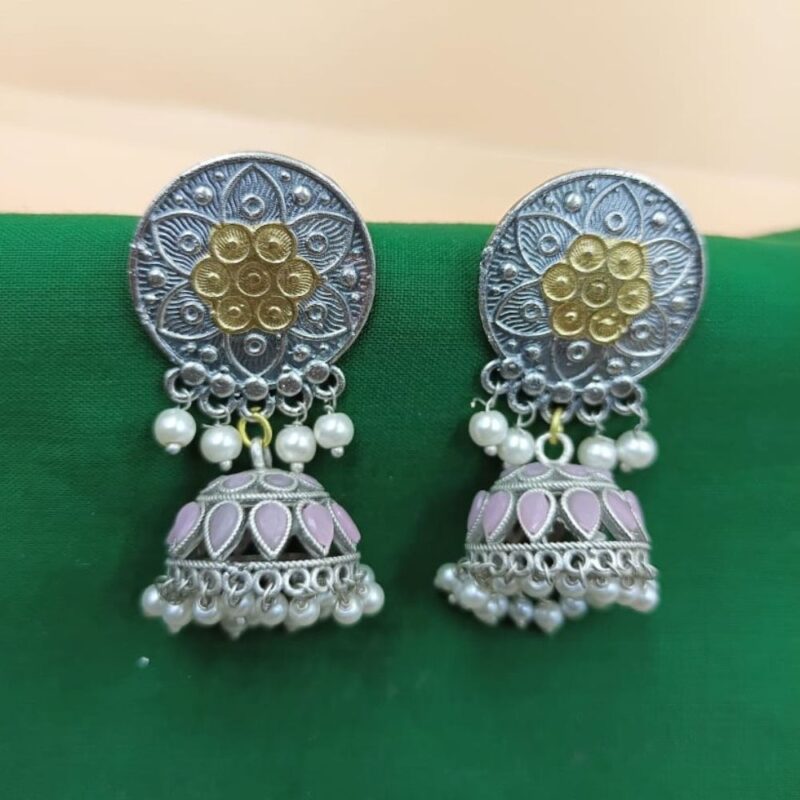 Pink Fancy Stone Jhumki Earrings – 5cm Brass Beauty