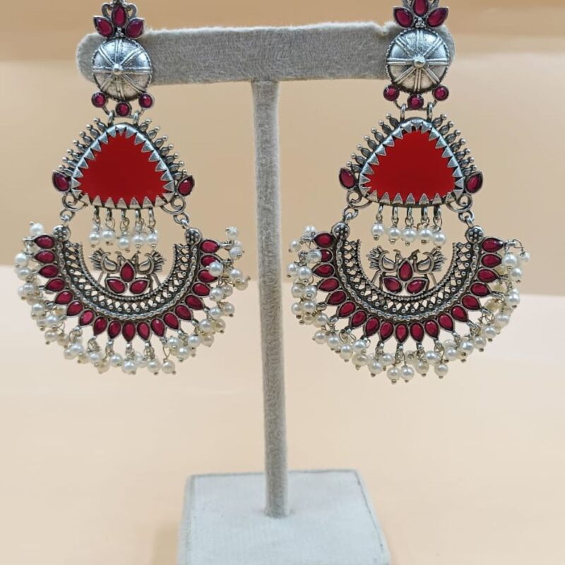 Red Monalisa Fancy Stone Jhumki Earrings – 9cm Brass - Image 2