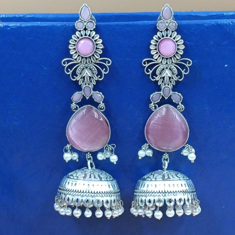 Pink Monalisa Fancy Stone Jhumki Earrings – 10cm Brass - Image 2