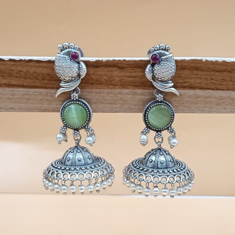 Parrot Color Monalisa Fancy Stone Jhumki Earrings – 6cm Brass - Image 3