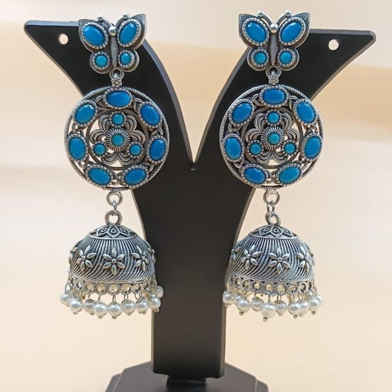 Ferozi Monalisa Fancy Stone Jhumki Earrings – 8cm Brass - Image 2