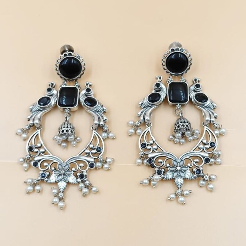 Black Monalisa Stone Jhumki Earrings – Timeless Elegance in 8cm