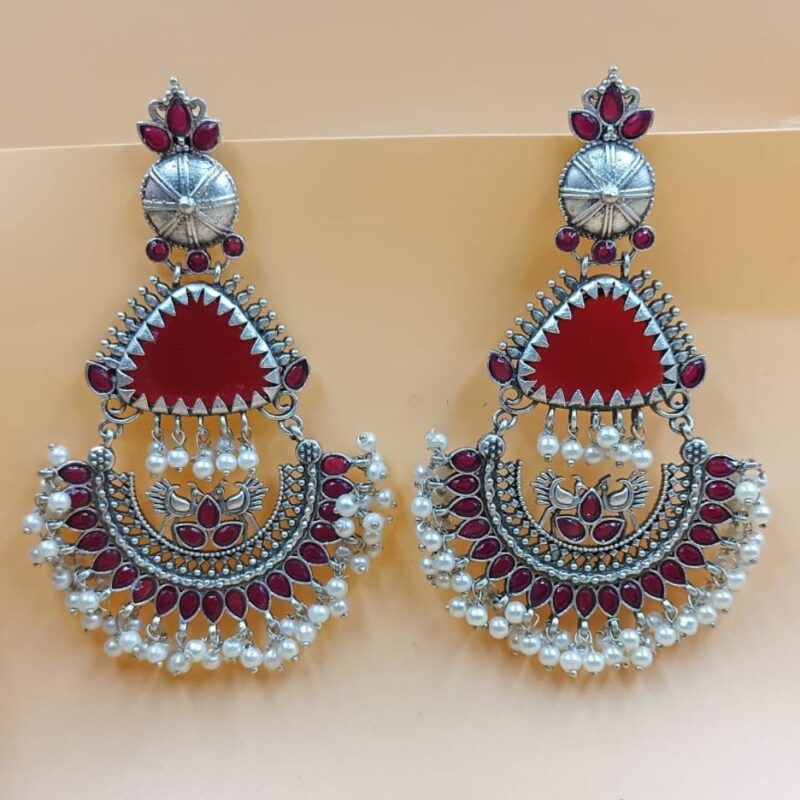 Red Monalisa Fancy Stone Jhumki Earrings – 9cm Brass