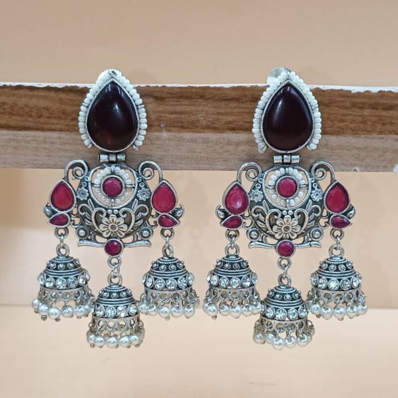 Maroon Monalisa Fancy Stone Jhumki Earrings – 7cm Brass - Image 2