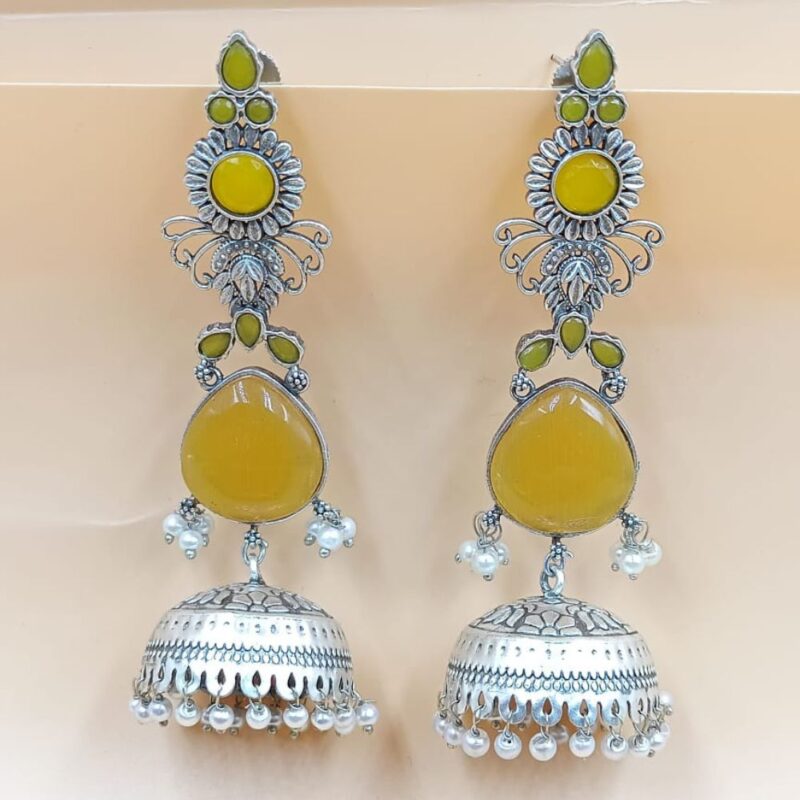 Yellow Monalisa Fancy Stone Jhumki Earrings - Image 3