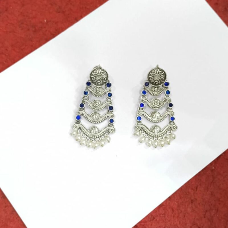 Antique Silver Fancy Stone Jhumki Earrings – 6cm Brass - Image 3