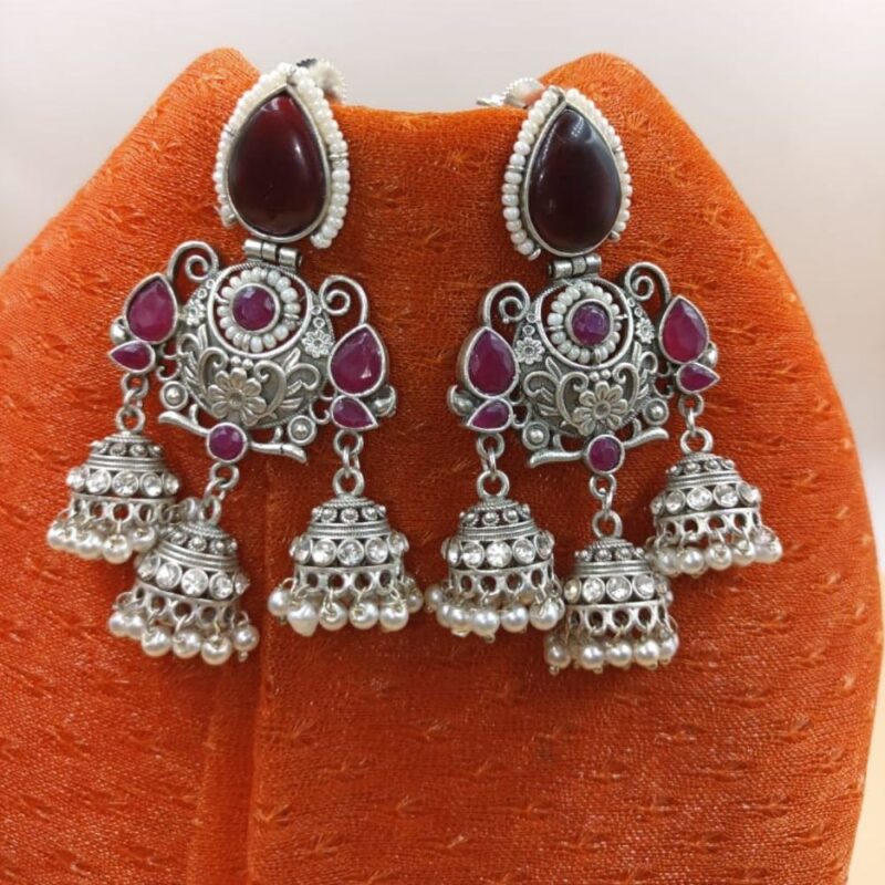 Maroon Monalisa Fancy Stone Jhumki Earrings – 7cm Brass