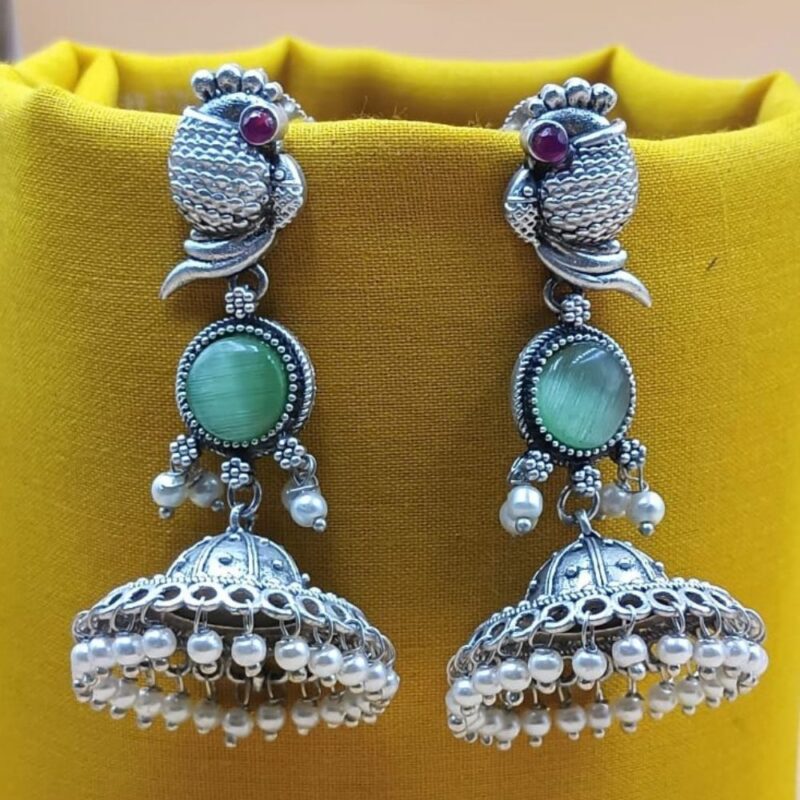 Parrot Color Monalisa Fancy Stone Jhumki Earrings – 6cm Brass