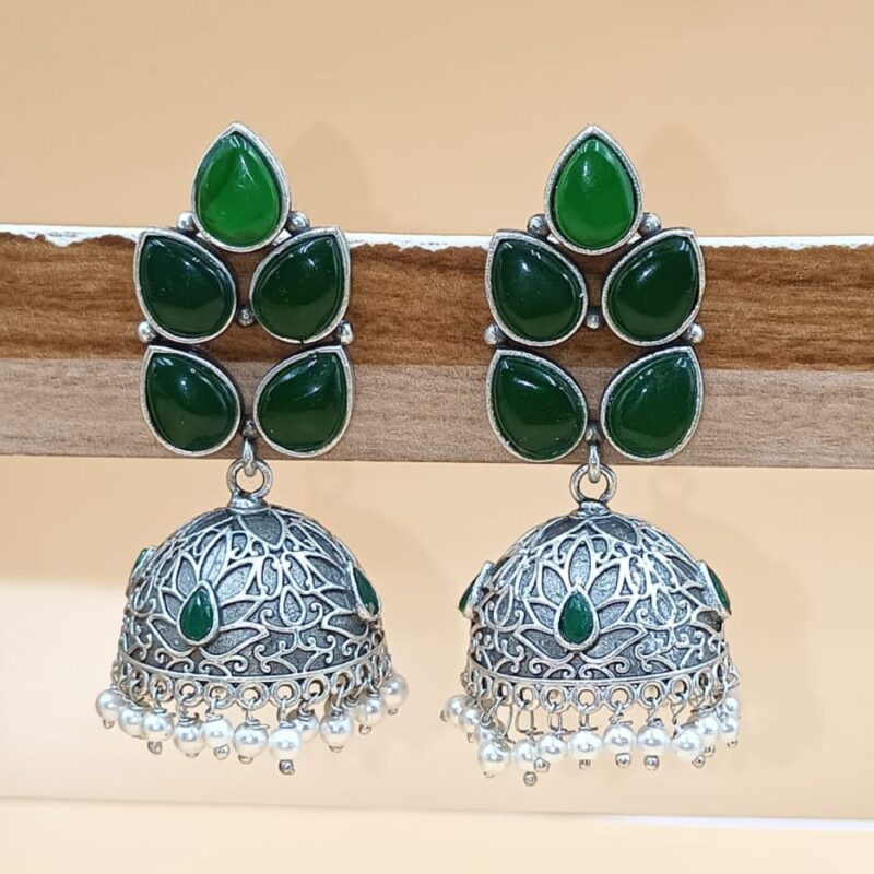 Green Monalisa Stone Jhumki Earrings – 6cm Brass Elegance