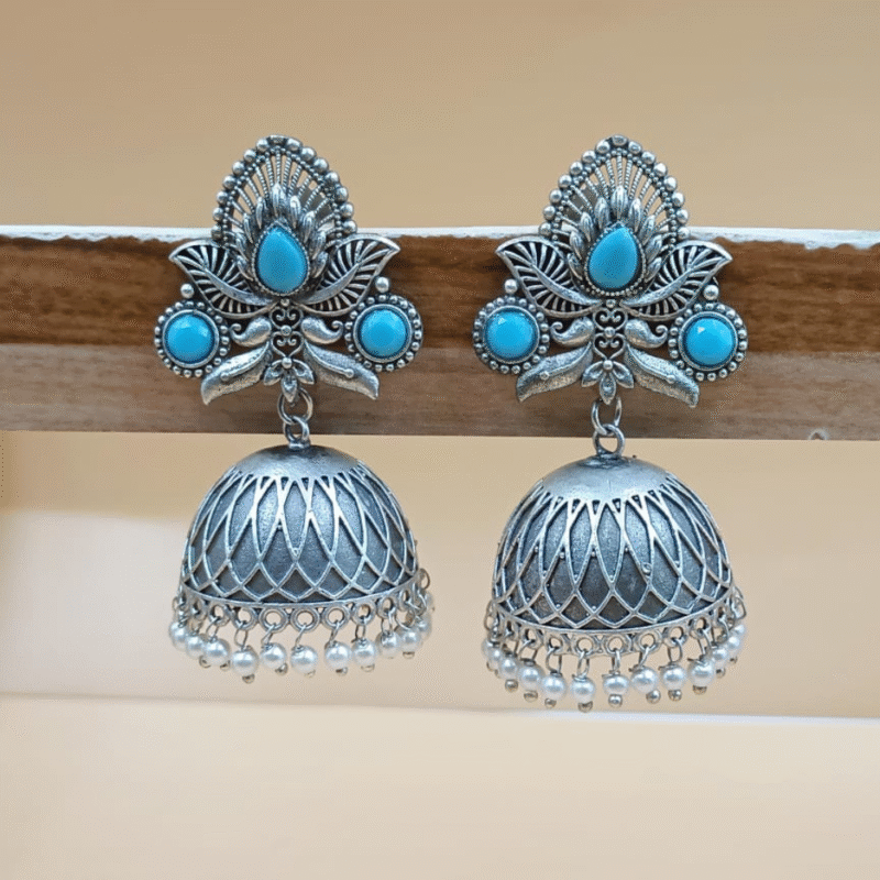 Ferozi Fancy Stone Jhumki Earrings – 7cm Chic Charm - Image 2