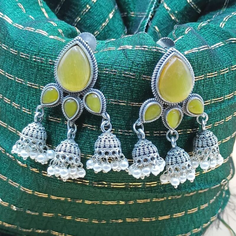 Yellow Jhumki Earrings with Monalisa Stones – 5cm Brass Finish