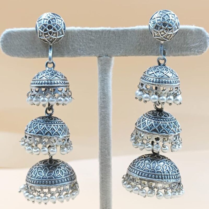 Antique Silver Jhumki Earrings – 8cm Statement Elegance