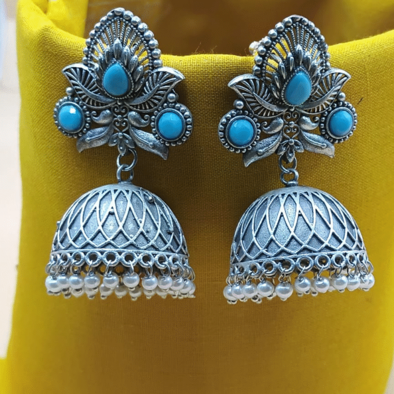 Ferozi Fancy Stone Jhumki Earrings – 7cm Chic Charm